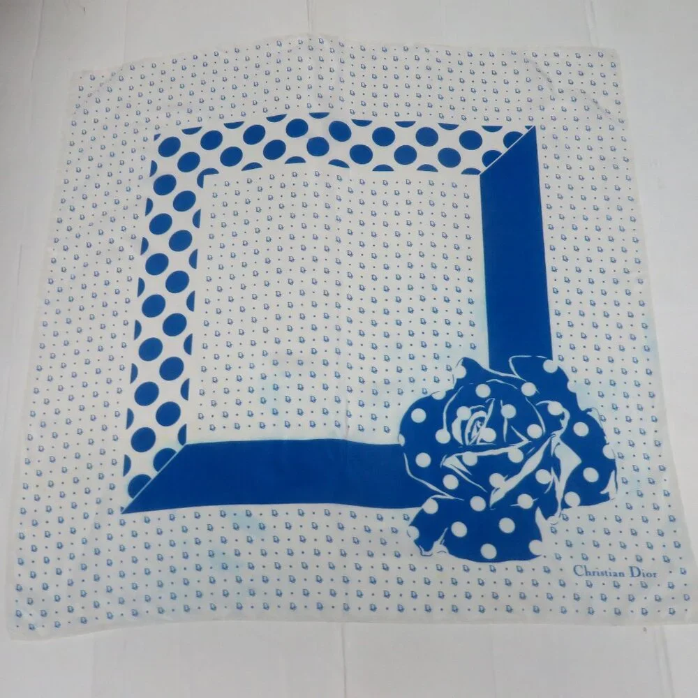 ❤️CHRISTIAN DIOR Blue White Polka Dot Logo Silk Scarf Shawl Wrap Plump Hem